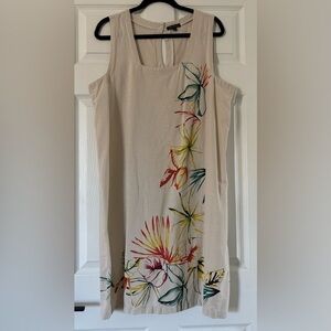 For Cynthia Beige With Floral Design Linen Blend Midi Dress